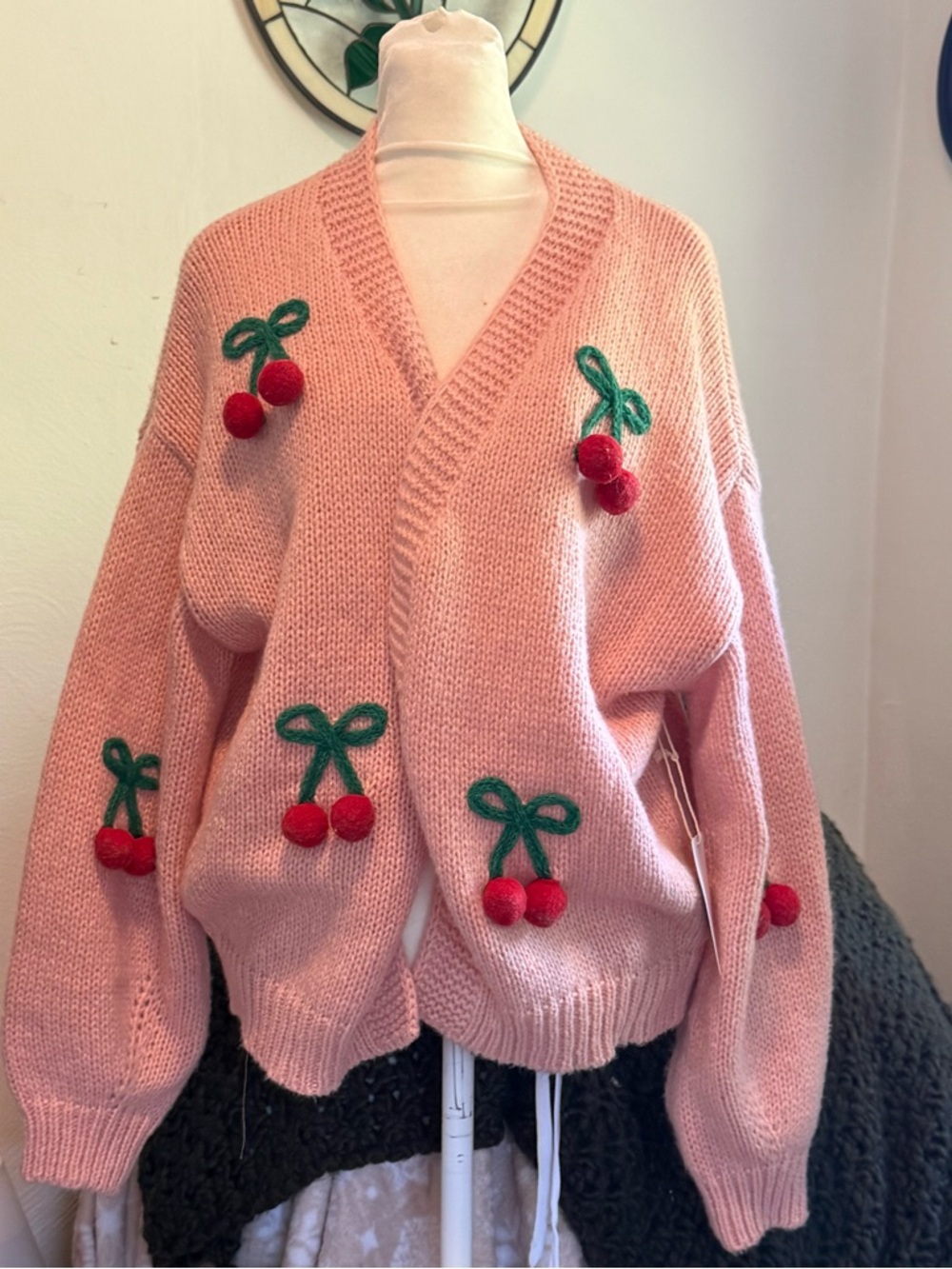 Pink Cherry-Appliqué Knit Cardigan Sweater nwt Luna Ivy medium
